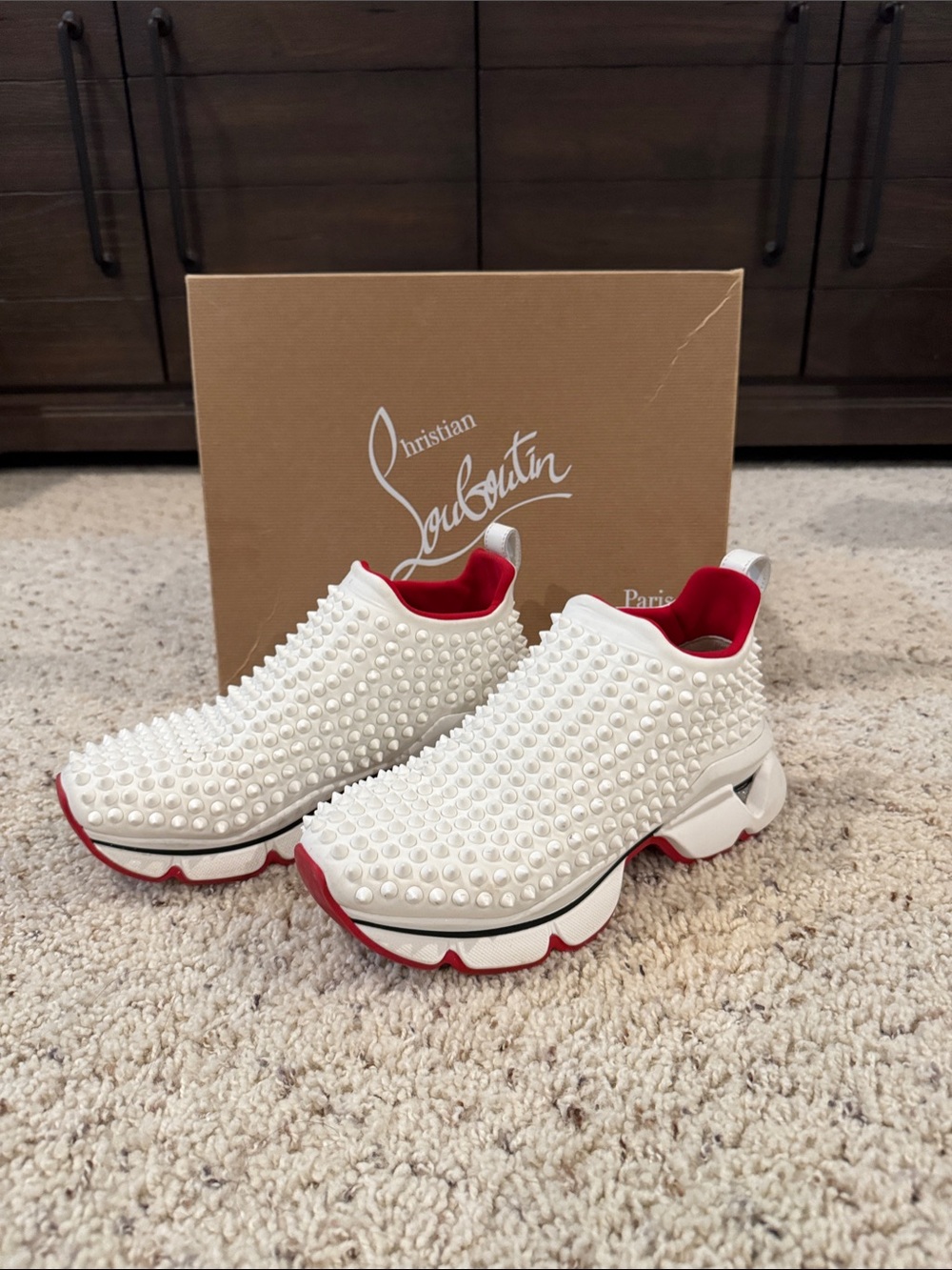 Christian Louboutin White Pearl-Stud Slip-On Sneakers with Red Accents